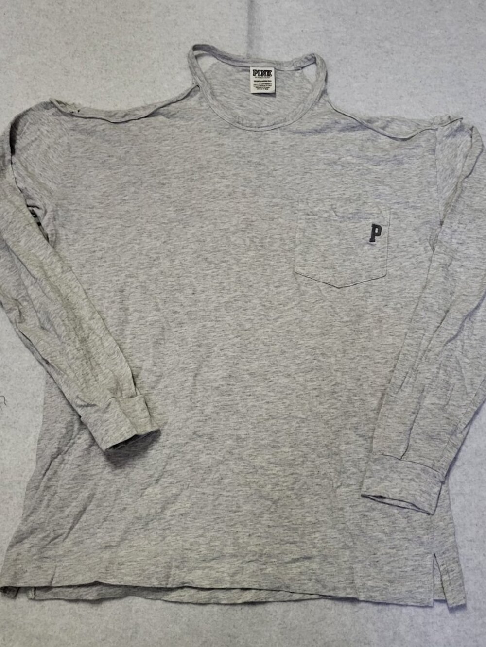 Pink Victoria's Secret Grey "Love Pink" Cold Shoulder Long Sleeve T-Shirt Top XS